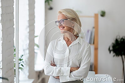 Smiling aged businesswoman look in distance thinking Stock Photo