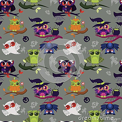 Happy All Hallows Eve nightbirds seamless pattern Vector Illustration