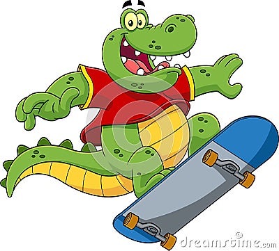 Happy Alligator Or Crocodile Cartoon Character Jumping With Skateboard Vector Illustration