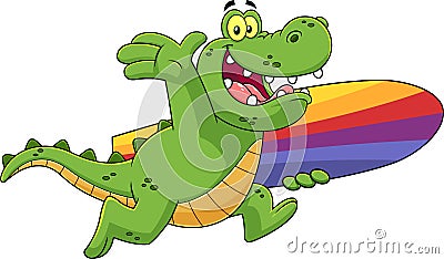 Happy Alligator Or Crocodile Cartoon Character Running With A Surfboard Vector Illustration