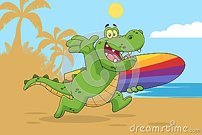 Happy Alligator Or Crocodile Cartoon Character Running With A Surfboard Vector Illustration