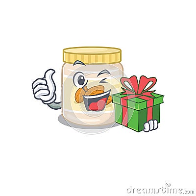 Happy almond butter character having a gift box Vector Illustration