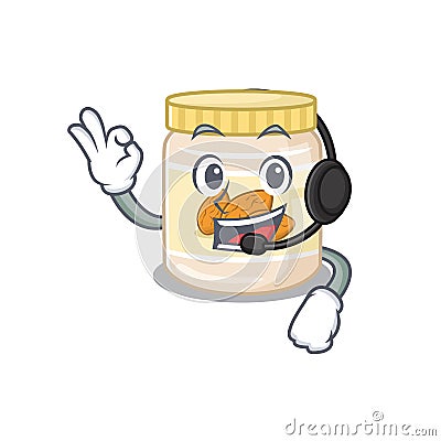 Happy almond butter mascot design style wearing headphone Vector Illustration
