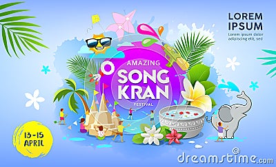 Happy Amazing Songkran festival Thailand vector on blue banner Vector Illustration