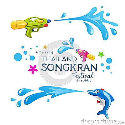 Happy Amazing Songkran Thailand festival colorful gun and Water Splash collections Vector Illustration