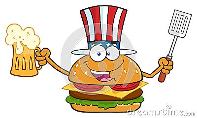 Happy American Burger Cartoon Mascot Character Holding A Beer And Bbq Slotted Spatula Vector Illustration