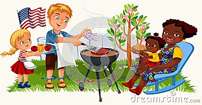 Happy american family cooking barbeque outdoors at home Vector Illustration