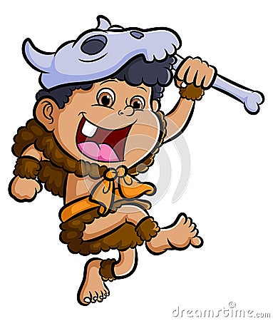 The happy ancient boy is holding the big bone Vector Illustration
