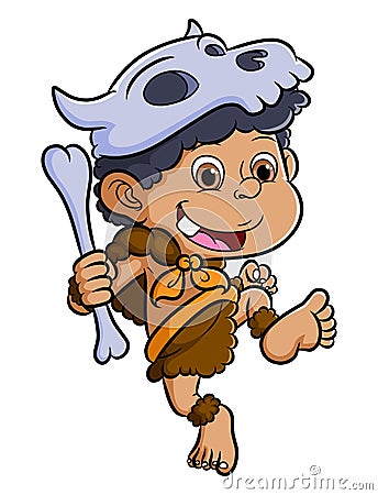 The happy ancient boy is walking and holding the bone Vector Illustration