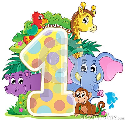 Happy animals around number one Vector Illustration