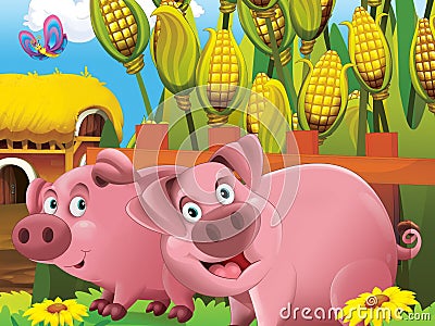 The happy animals on the farm Cartoon Illustration