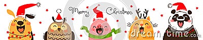 Happy animals in Santa hats. Joyful dog, owl, pig, cat and panda. Merry Christmas banner. Vector Illustration