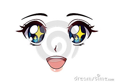 Happy anime face. Manga style big blue eyes Vector Illustration