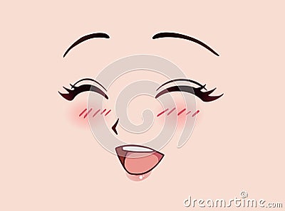 Happy anime face. Manga style closed eyes, little nose and kawaii mouth Vector Illustration