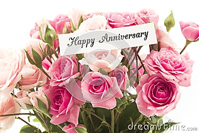 Happy Anniversary Card with Bouquet of Pink Roses Stock Photo