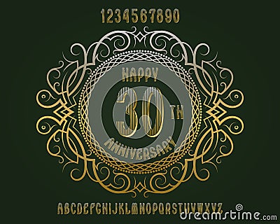 Happy anniversary emblem kit. Golden numbers, alphabet, and patterned frame for creating a memorable sign Vector Illustration