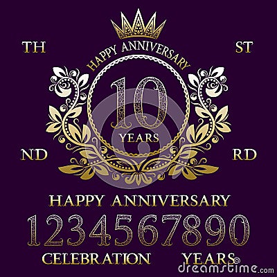 Happy Anniversary sign kit. Golden numbers, frame and some words for creating celebration emblems Vector Illustration