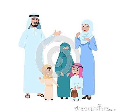 Happy arab family. Muslim young people, islamic man woman and kids. Isolated mother in hijab girl boy and father cartoon Vector Illustration