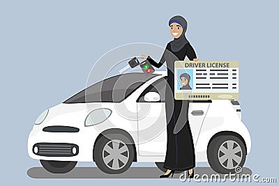 Happy Arab Girl or Saudi woman with driver license and car key i Vector Illustration