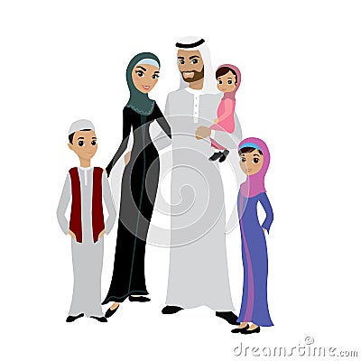 Happy arabic family- parents,their son and daughters Vector Illustration