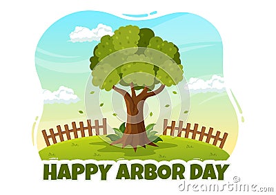 Happy Arbor Day on April 28 Illustration with Green Tree, Garden Tools and Nature Environment in Hand Drawn Vector Illustration