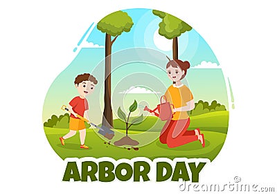 Happy Arbor Day on April 28 Illustration with Kids Planting a Tree and Nature Environment in Hand Drawn Templates Vector Illustration