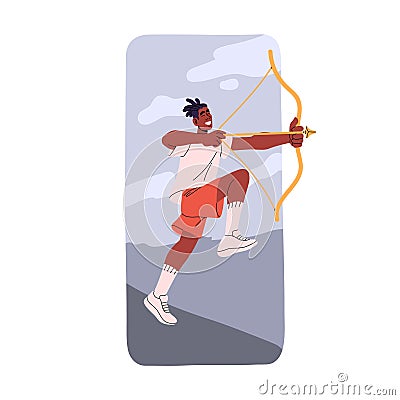Happy archer aiming with arrow and bow. Man Sagittarius, astrology zodiac avatar. Bowman, archery. Target, purpose Vector Illustration