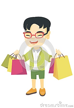 Happy asian boy holding shopping bags. Vector Illustration