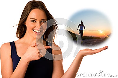Happy asian caucasian woman holds hand in copyspace Stock Photo