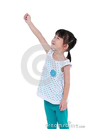 Happy asian child holding something gesture. Isolated on white. Stock Photo