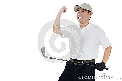 Happy Asian Chinese Male Golfer showing victory gesture Stock Photo