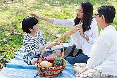 Happy Asian family has leisure or picnic in the park on the weekend or holiday. Grandmother, daughter and grandson are in beautifu Stock Photo