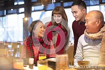 asian family having dinner and celebrating chinese new year Stock Photo