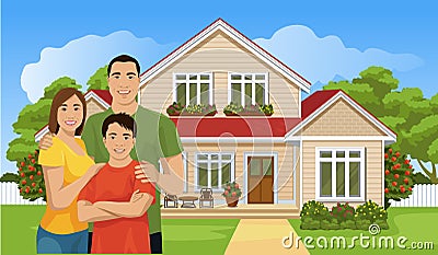 Happy Asian family and house Vector Illustration