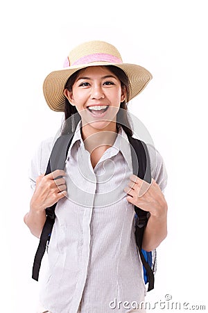 Happy asian female traveller isolated Stock Photo