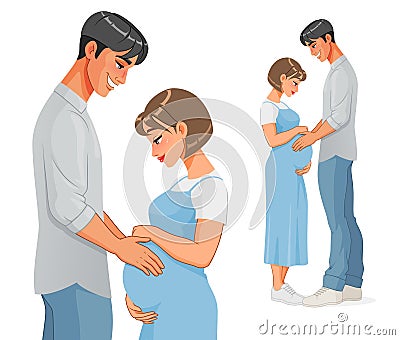 Happy Asian pregnant couple expecting a baby. Vector illustration. Vector Illustration