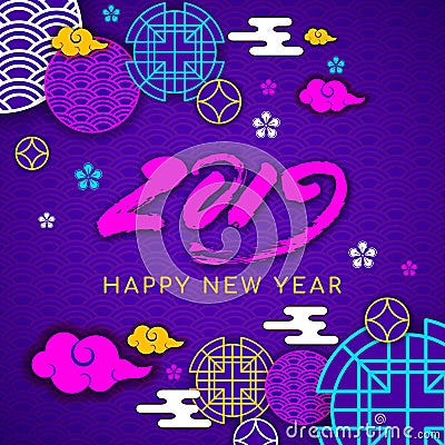 2019 Happy asians New Year postcard,Oriental asian traditional korean japanese chinese style pattern decoration elements Vector Illustration