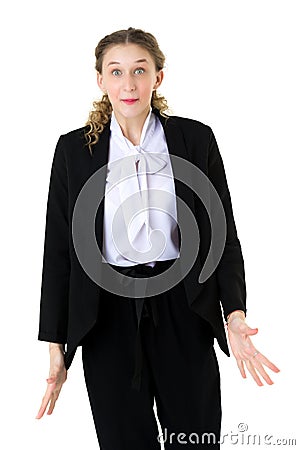 Happy astonished student girl in formal black suit Stock Photo