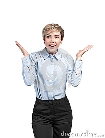 Happy astonished young Asian businesswoman Stock Photo