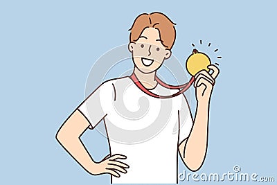 A happy athlete shows the gold medal he received Vector Illustration