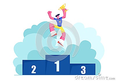 Happy Athlete on Winners Podium Jump with Gold Medal and Cup. Male Character Sportsman on Win Pedestal. Victory, Sport Lifestyle Vector Illustration