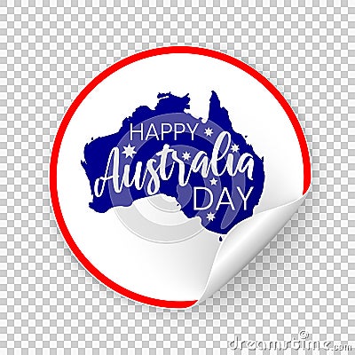 Happy Australia republic day text on map of Australia with stars round realistic sticker with curled edge. Vector Vector Illustration