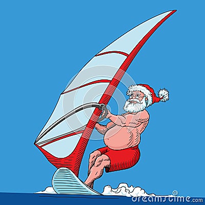 Happy Australia Santa Claus is surfing on a sea big wave, vector illustration Vector Illustration