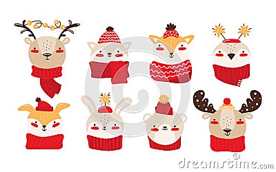 Happy baby animals for Christmas or New year. Smiling faces deer, elk, fox, hare, bear, cat, dog, penguin. Collection Vector Illustration