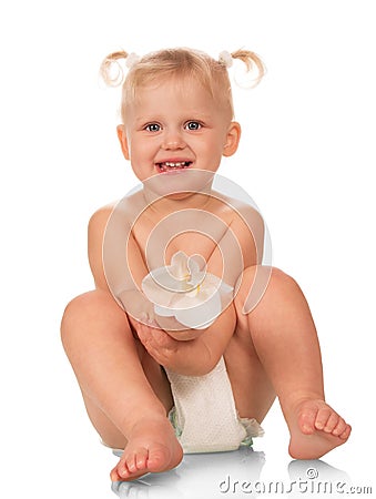 Happy baby girl infant disposable diaper isolated Stock Photo