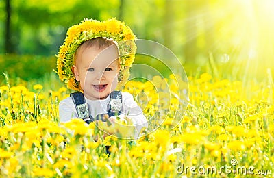 Happy baby girl in a wreath on meadow with yellow Stock Photo