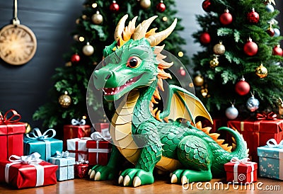 Happy baby green dragon with Christmas present. Generative AI Stock Photo