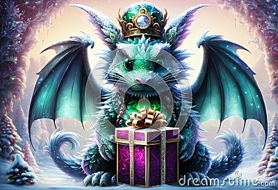 Happy baby green dragon is holding Christmas present. Generative AI Stock Photo