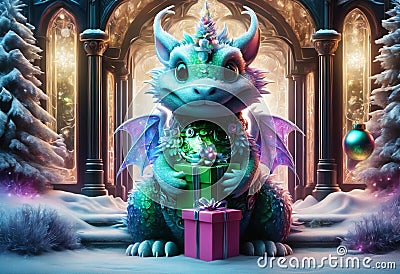 Happy baby green dragon is holding Christmas present. Generative AI Stock Photo