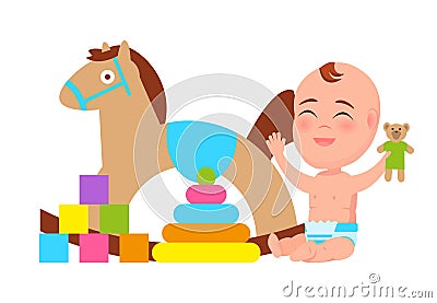 Happy Baby Play with Rocking Horse, Color Blocks Vector Illustration